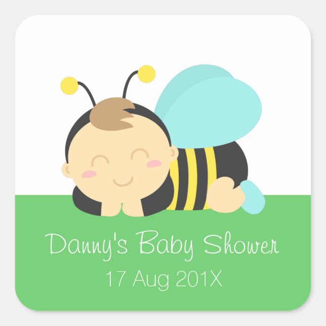Pegatina Cuadrada Cute Bumble Bee Boy Baby Shower (Anverso)