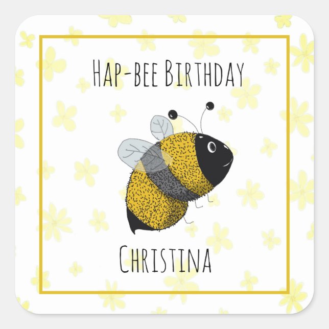 Pegatina Cuadrada Cute Bumblebee amarillo y negro | Cumpleaños de Ha (Anverso)