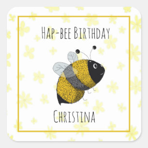 Pegatina Cuadrada Cute Bumblebee amarillo y negro   Cumpleaños de Ha