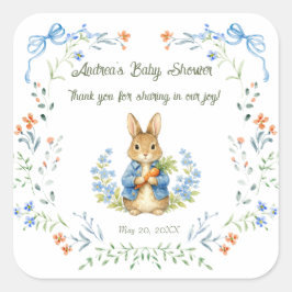 Pegatina Cuadrada Cute Bunny Boy Floral Blue Bow Baby Shower Thanks