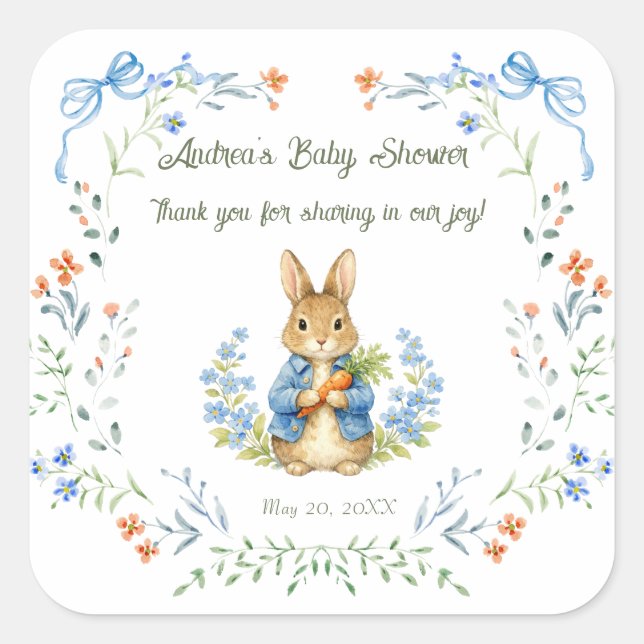 Pegatina Cuadrada Cute Bunny Boy Floral Blue Bow Baby Shower Thanks (Anverso)