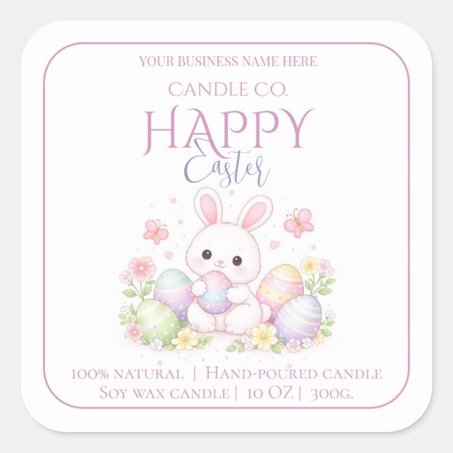 Pegatina Cuadrada Cute Bunny, Flowers & Butterflies - Happy Easter  (Anverso)