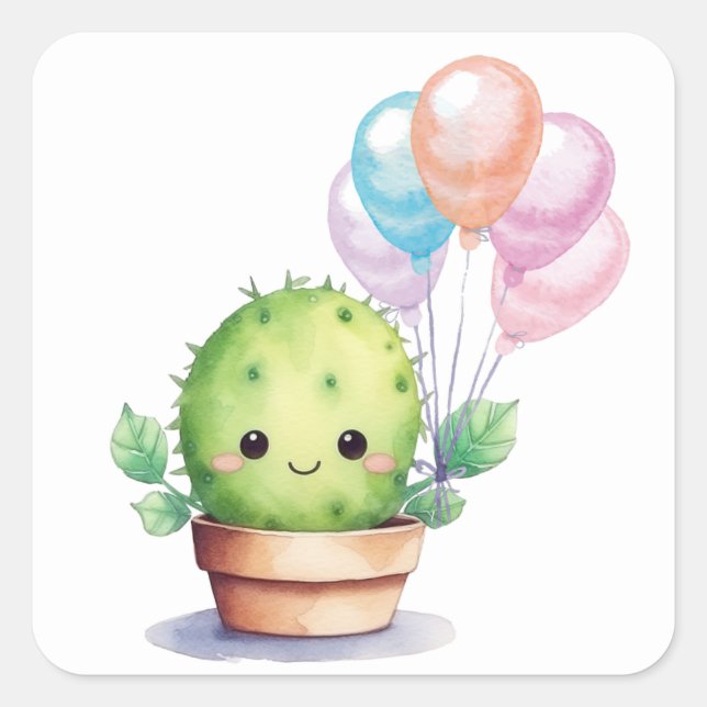 Pegatina Cuadrada Cute Cactus con globos de cumpleaños (Anverso)