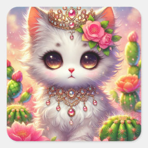Pegatina Cuadrada Cute Cactus Princess Cat