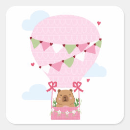 Pegatina Cuadrada Cute Capybara Hot Air Balloon Pink Birthday Party