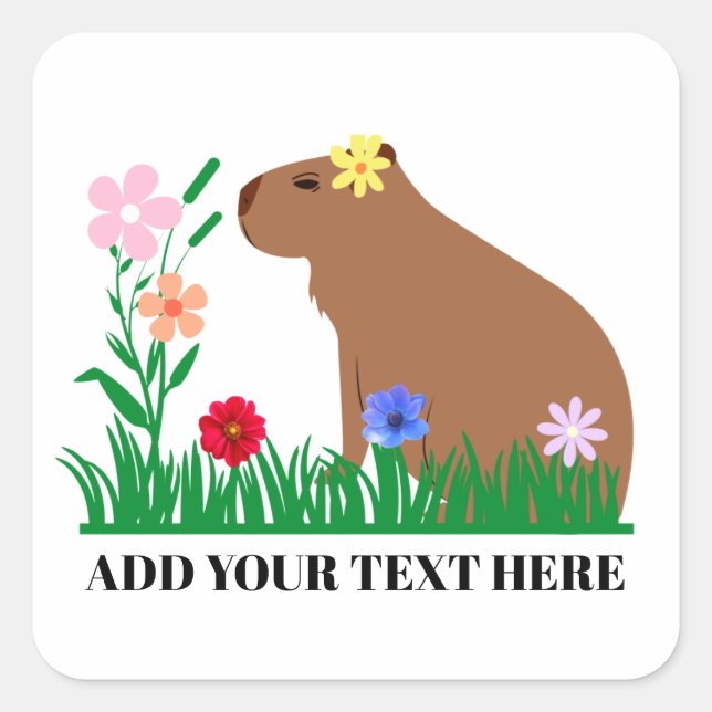 Pegatina Cuadrada Cute Capybara y flores  (Anverso)