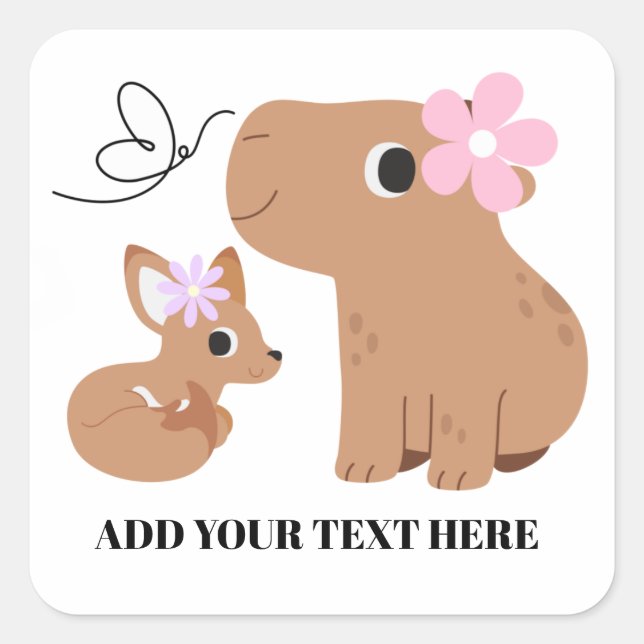 Pegatina Cuadrada Cute Capybara y Zorro  (Anverso)