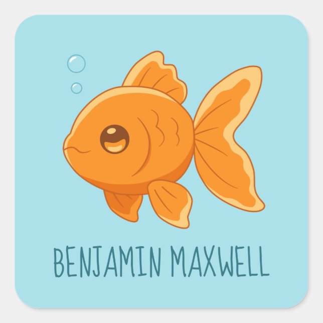 Pegatina Cuadrada Cute Cartoon Goldfish on Blue Custom Name (Anverso)