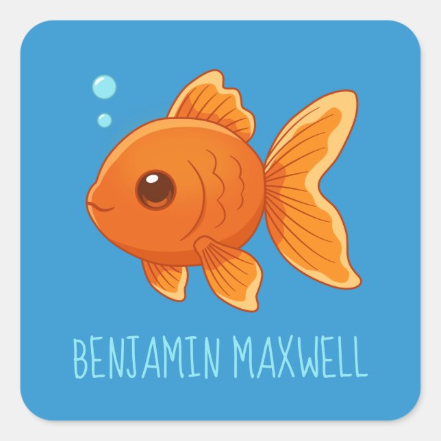 Pegatina Cuadrada Cute Cartoon Goldfish on Blue Custom Name (Anverso)