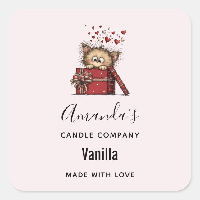 Pegatina Cuadrada Cute Cartoon Kitten with Hearts Candle Business (Anverso)