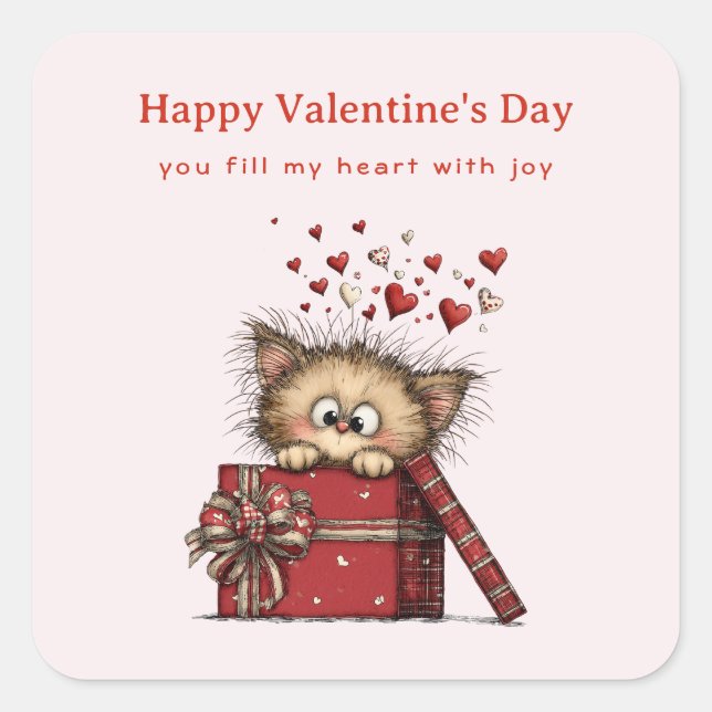 Pegatina Cuadrada Cute Cartoon Kitten with Hearts Valentine's Day (Anverso)