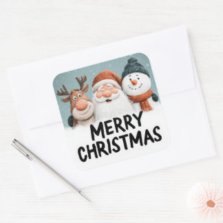 Pegatina Cuadrada Cute Cartoon Santa Reindeer Snowman Merry Xmas