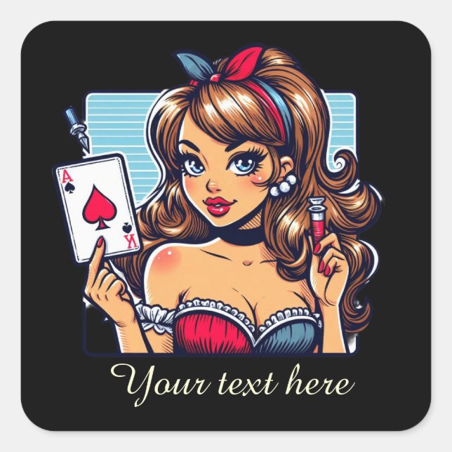 Pegatina Cuadrada Cute Casino vintage lady agregar texto (Anverso)