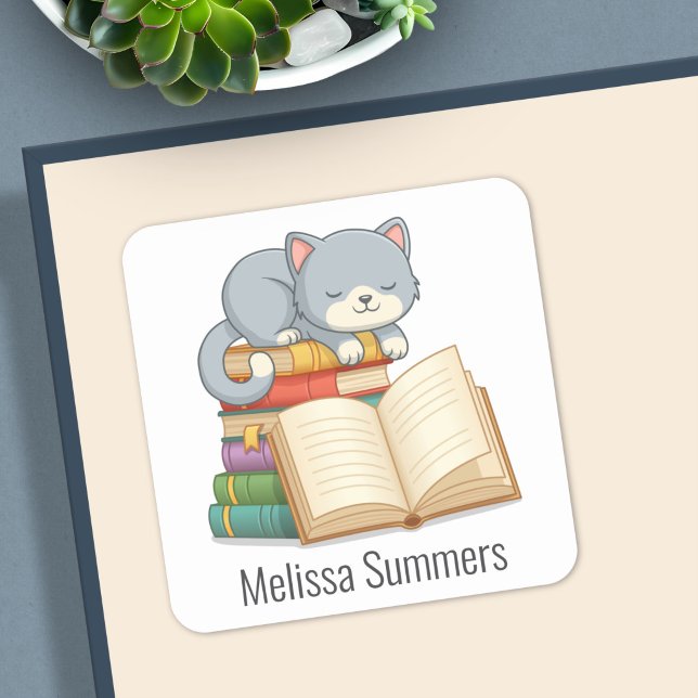 Pegatina Cuadrada Cute Cat Book Stack Custom Name Bookplate (Subido por el creador)
