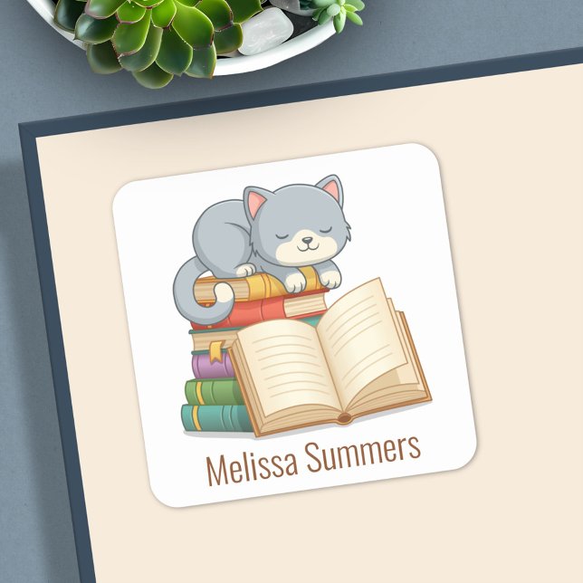 Pegatina Cuadrada Cute Cat Book Stack Custom Name Bookplate (Subido por el creador)