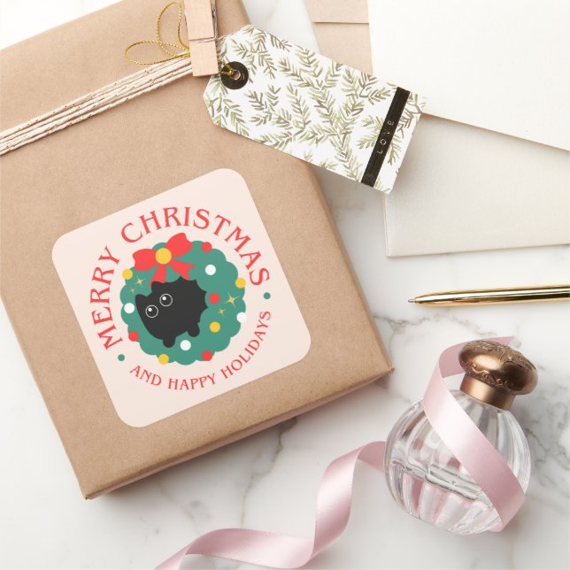 Pegatina Cuadrada Cute Cat Christmas Sticker (Regalar)