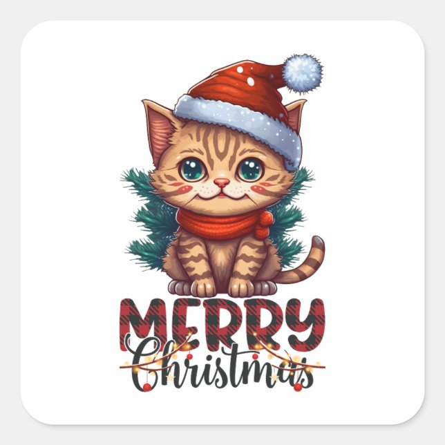 Pegatina Cuadrada Cute Cat Kitten Merry Christmas Square Sticker (Anverso)
