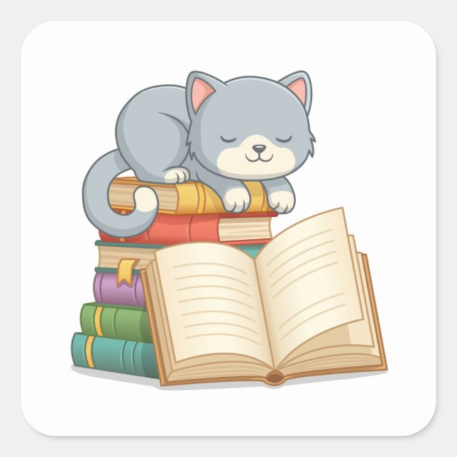 Pegatina Cuadrada Cute Cat on top of a Book Stack (Anverso)