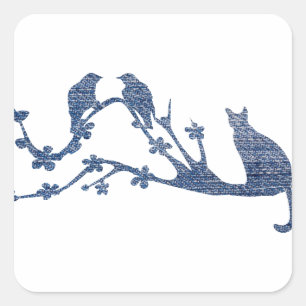 Pegatina Cuadrada Cute Cat Silhouette Birds Blue Denim Colors