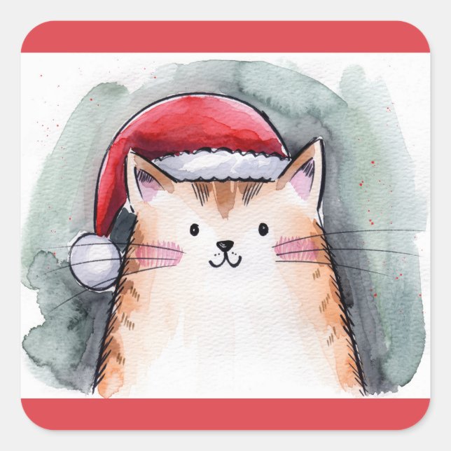 Pegatina Cuadrada Cute Cat with Santa Hat Square Stickers (Anverso)