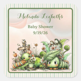 Pegatina Cuadrada Cute Caterpillar Garden Baby Shower Party