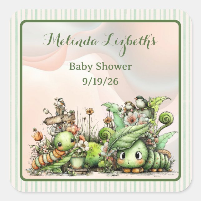 Pegatina Cuadrada Cute Caterpillar Garden Baby Shower Party (Anverso)
