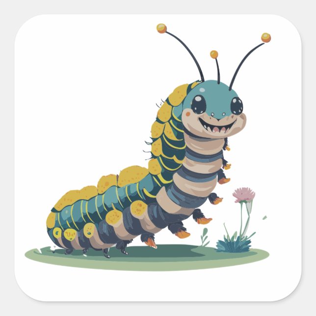 Pegatina Cuadrada Cute Caterpiller Con Cara Feliz Y Foliage (Anverso)
