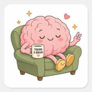 Pegatina Cuadrada Cute Cerebro Tomando Descanso Divertido Sticker