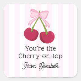 Pegatina Cuadrada Cute Cherry Bow Pink Stripes Coquette Aesthetic