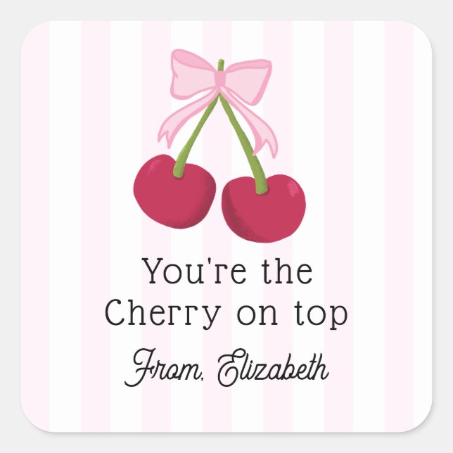 Pegatina Cuadrada Cute Cherry Bow Pink Stripes Coquette Aesthetic (Anverso)