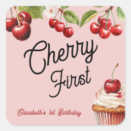 Pegatina Cuadrada Cute Cherry First Girly Cumpleaños Rosa