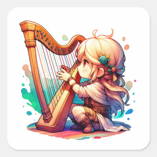 Pegatina Cuadrada Cute Chibi Chica Jugando Harp