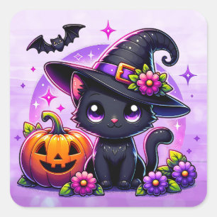 Pegatina Cuadrada Cute Chibi Halloween Gato negro y Calabaza