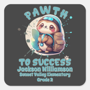 Pegatina Cuadrada Cute Chibi Kawaii Sloth Name School Grado