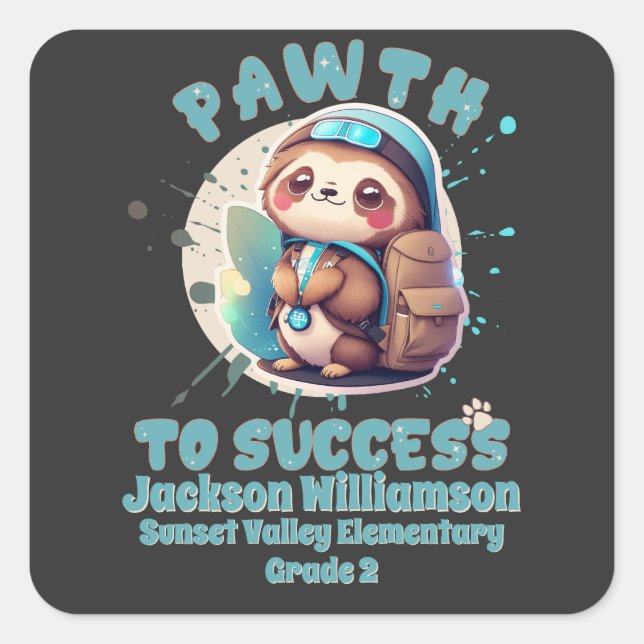 Pegatina Cuadrada Cute Chibi Kawaii Sloth Name School Grado (Anverso)