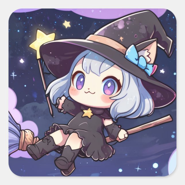 Pegatina Cuadrada Cute Chibi Witch Flying in the Night Sky – Whimsic (Anverso)