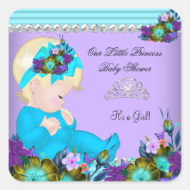 Pegatina Cuadrada Cute Chica Baby Shower Verde azulado Blue Purple B