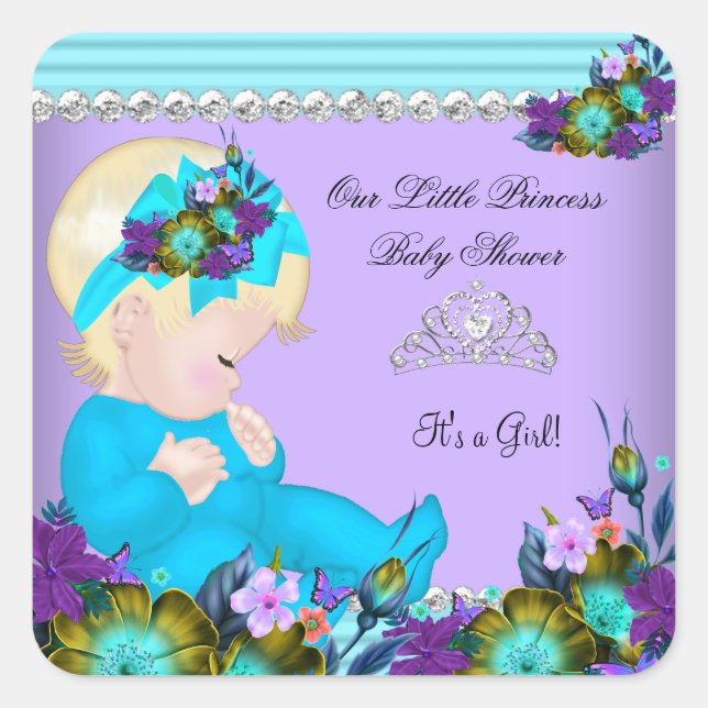 Pegatina Cuadrada Cute Chica Baby Shower Verde azulado Blue Purple B (Anverso)