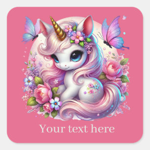 Pegatina Cuadrada Cute chicas fantasía unicornio agregar texto