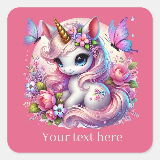 Pegatina Cuadrada Cute chicas fantasía unicornio agregar texto (Anverso)