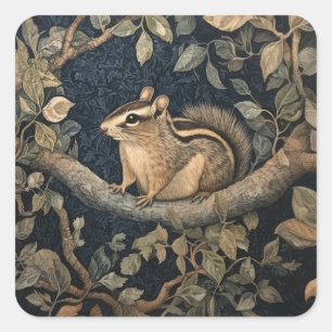 Pegatina Cuadrada Cute Chipmunk en el bosque estilo William Morris