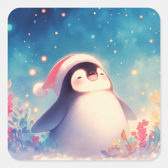 Pegatina Cuadrada Cute Christmas Baby Penguin in Santa Hat (Anverso)