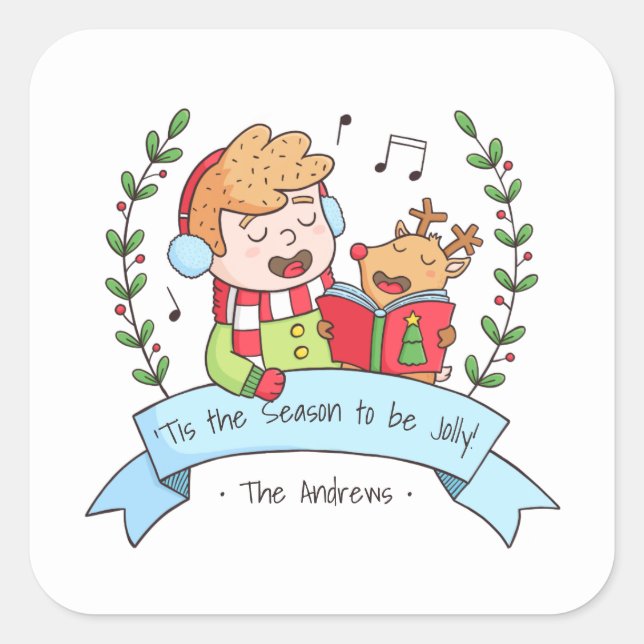 Pegatina Cuadrada Cute Christmas Carols Boy and Reindeer Stickers (Anverso)