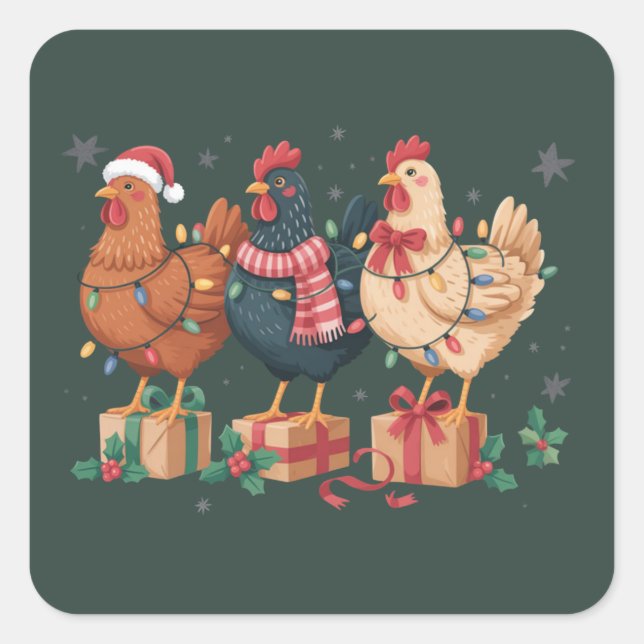 Pegatina Cuadrada Cute Christmas Chickens Funny Holiday Farm (Anverso)