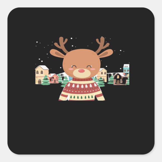 Pegatina Cuadrada Cute Christmas Deer Minimal Design  (Anverso)