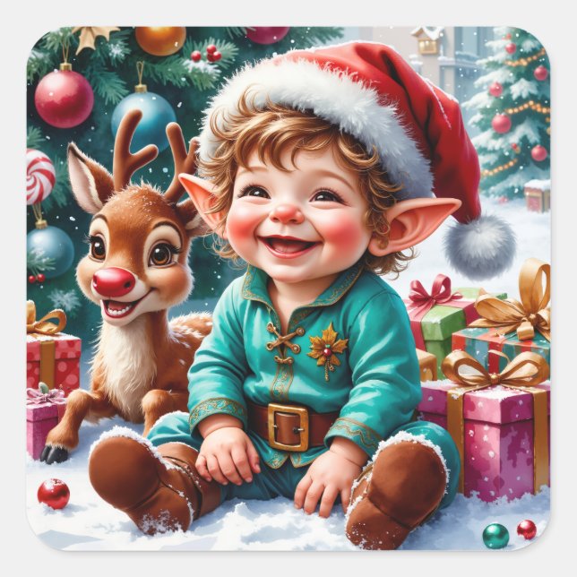Pegatina Cuadrada Cute Christmas Elf & Reindeer (Anverso)