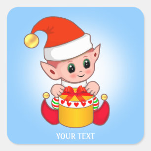 Pegatina Cuadrada Cute Christmas Elf y texto personalizado en azul c