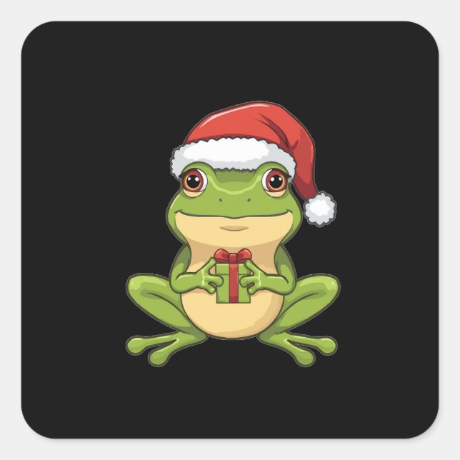 Pegatina Cuadrada Cute Christmas Frog with Santa Hat Holding  Gift - (Anverso)