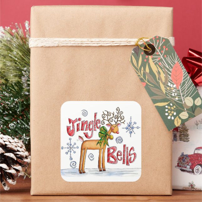 Pegatina Cuadrada Cute Christmas Reindeer, Jingle Bells Snowflakes (Vacaciones)