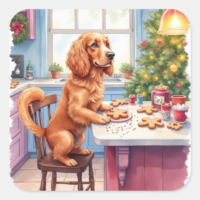 Pegatina Cuadrada Cute Cocker Spaniel Gingerbread Baking Christmas (Anverso)